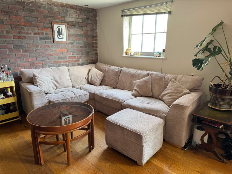Beige Corner Sofa with Ottoman