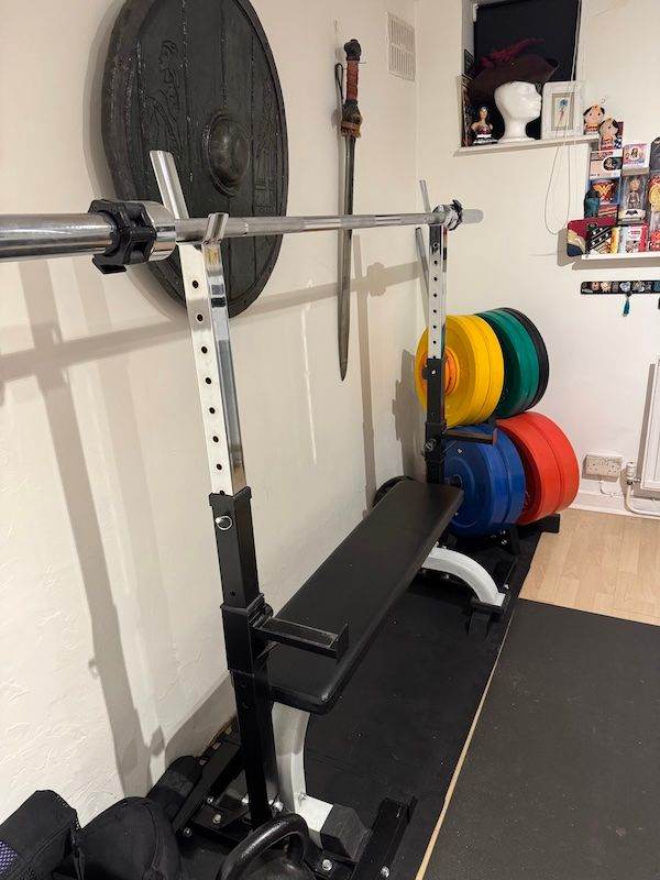 image for 20kg barbell, Bumper plates, Squat Stands & Bench
