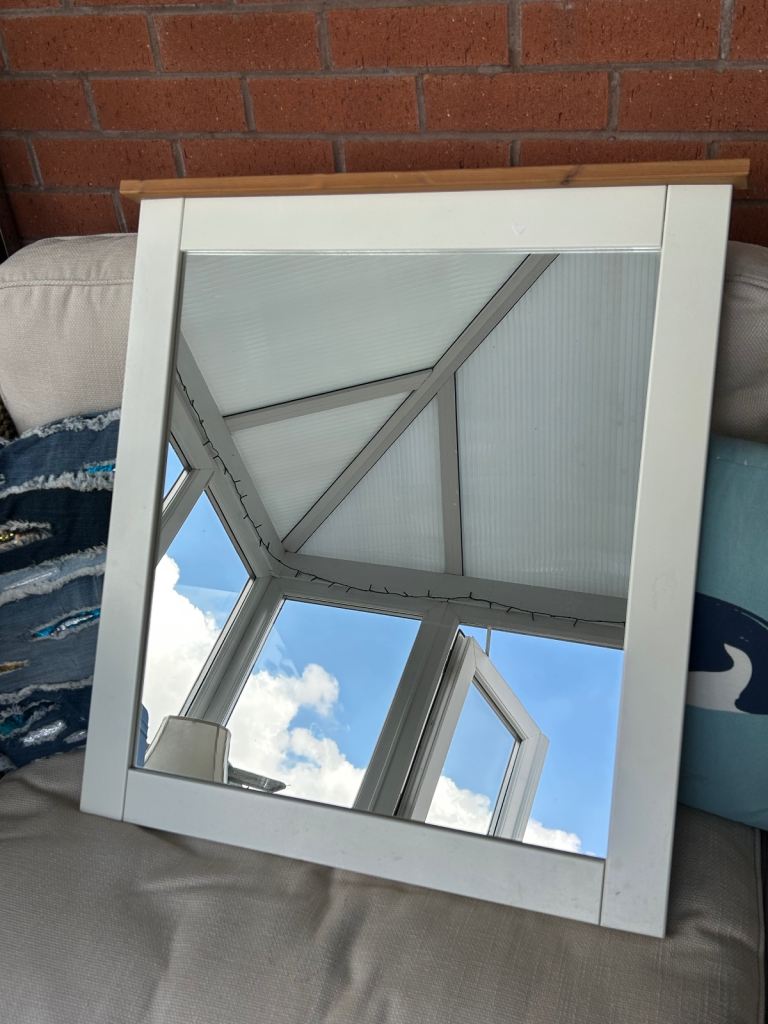 White Framed Mirror with Wooden Top – Ikea, Good Condition