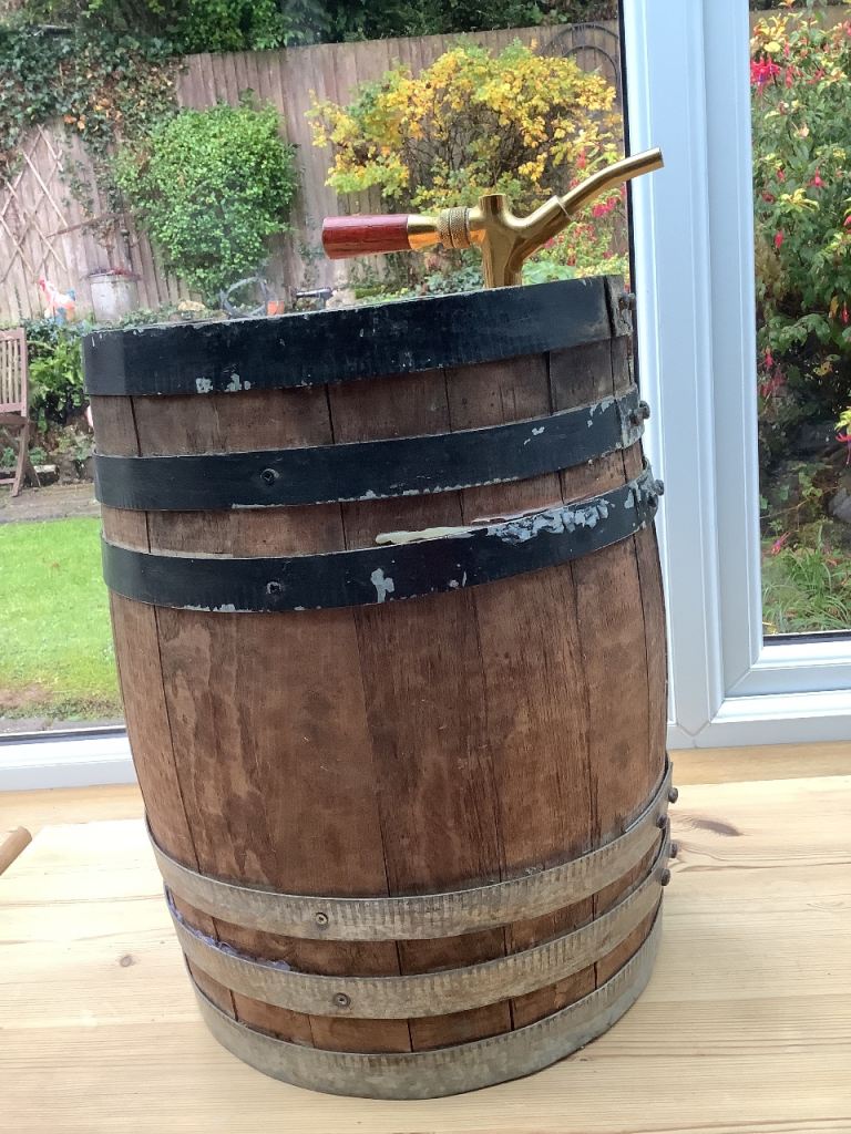 OAK BARREL WITH BRASS TAP. - METAL BANDED, £20.00 for Sale