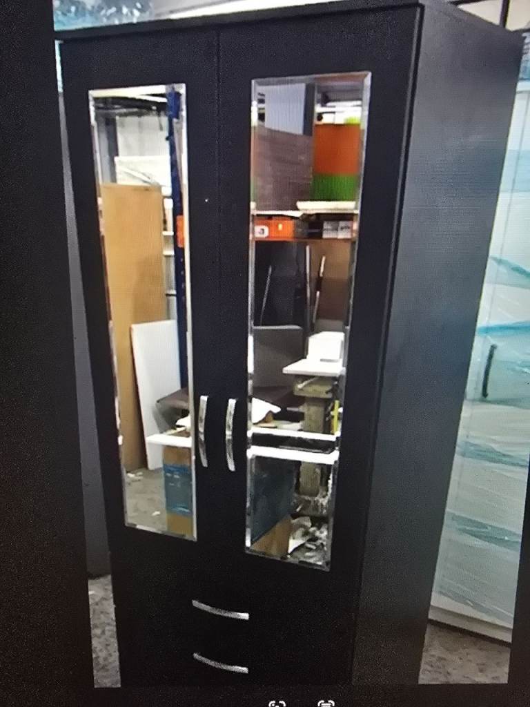 Black Wardrobe with Mirrored Doors and Drawers