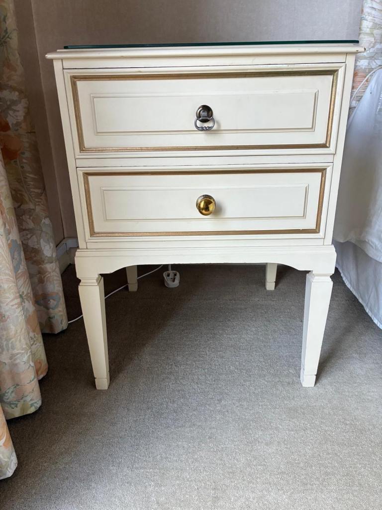 Cream & Gold Bedside Table with 2 Drawers and Glass Top