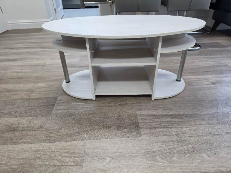 Oval Coffee Table with Storage – White Wood Effect