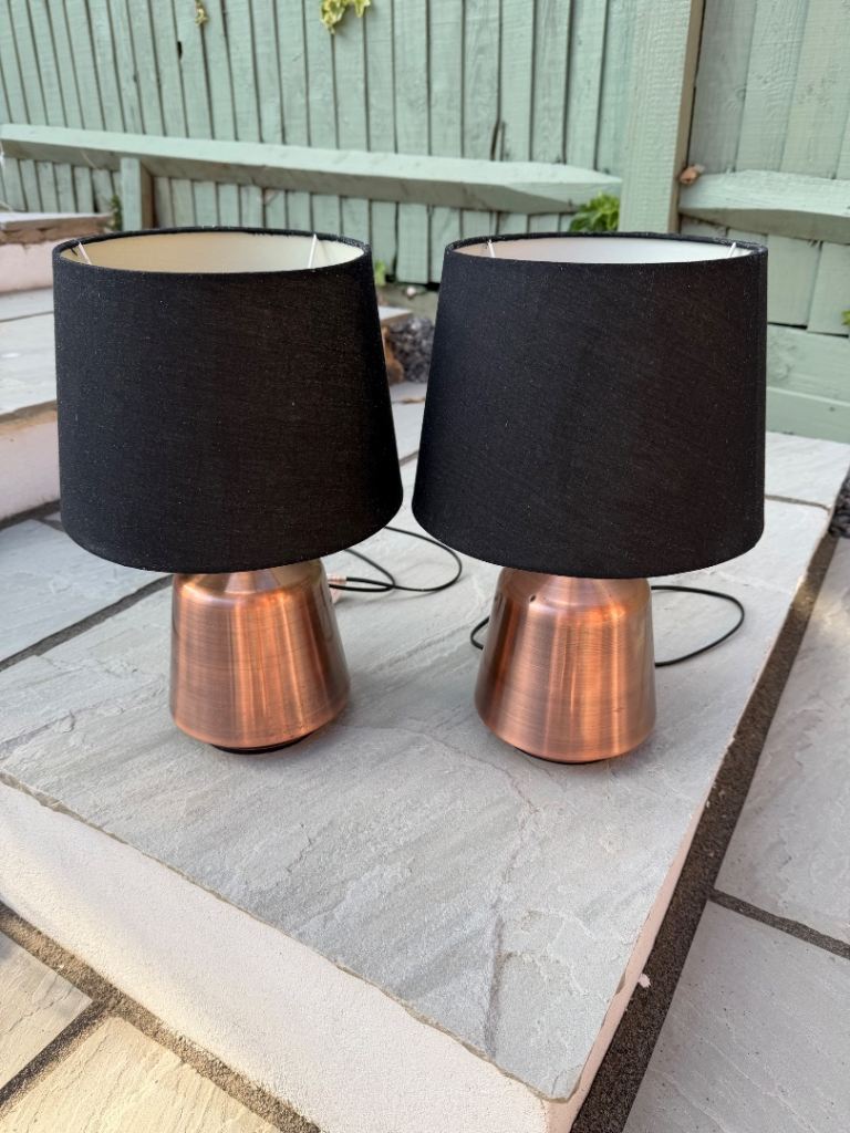 Pair of Copper Base Table Lamps with Black Shades – Good Condition