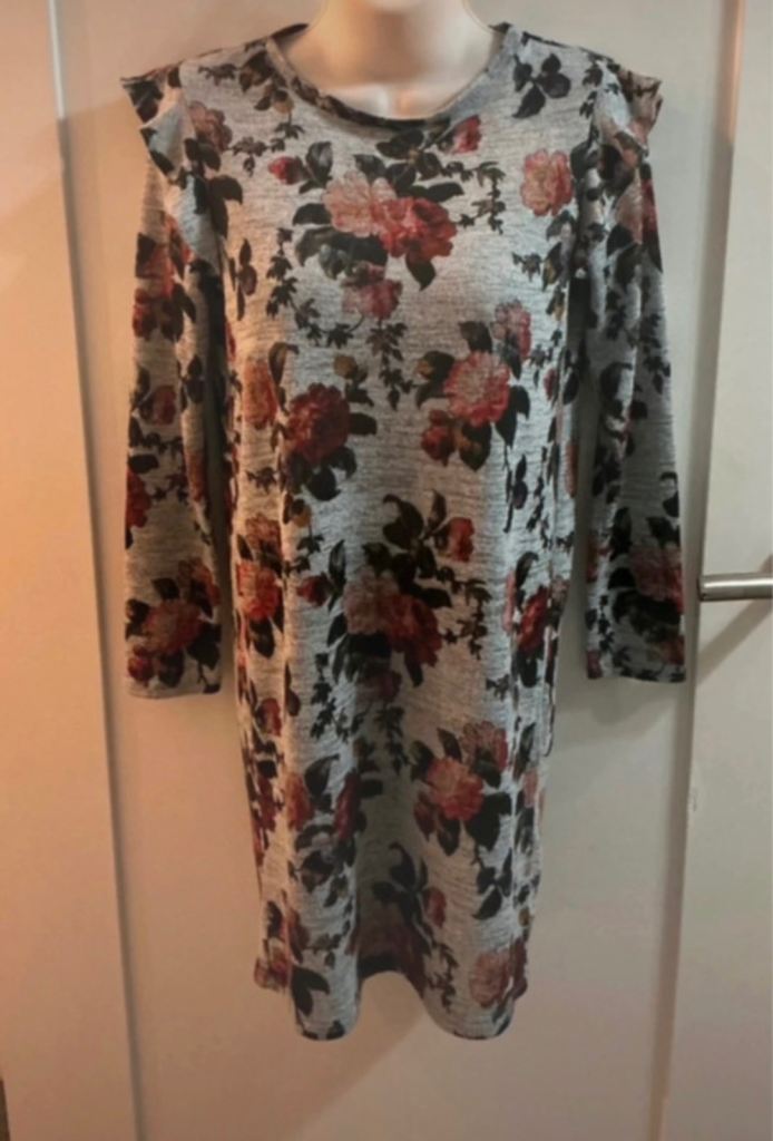 Oasis Floral Ruffle Shoulder Long Sleeve Dress - Size S