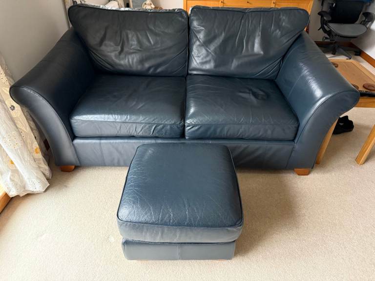 Marks and Spencer Dark Blue Large Leather Sofas x2 + Foot Stool