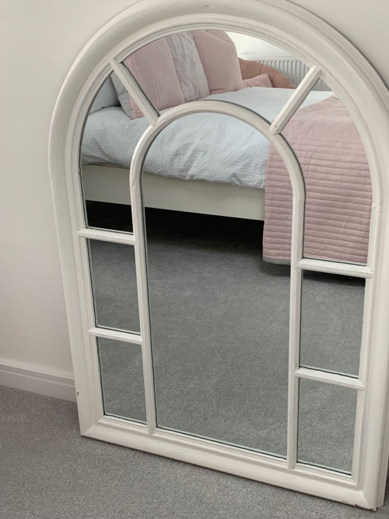 White wooden arched window mirror 