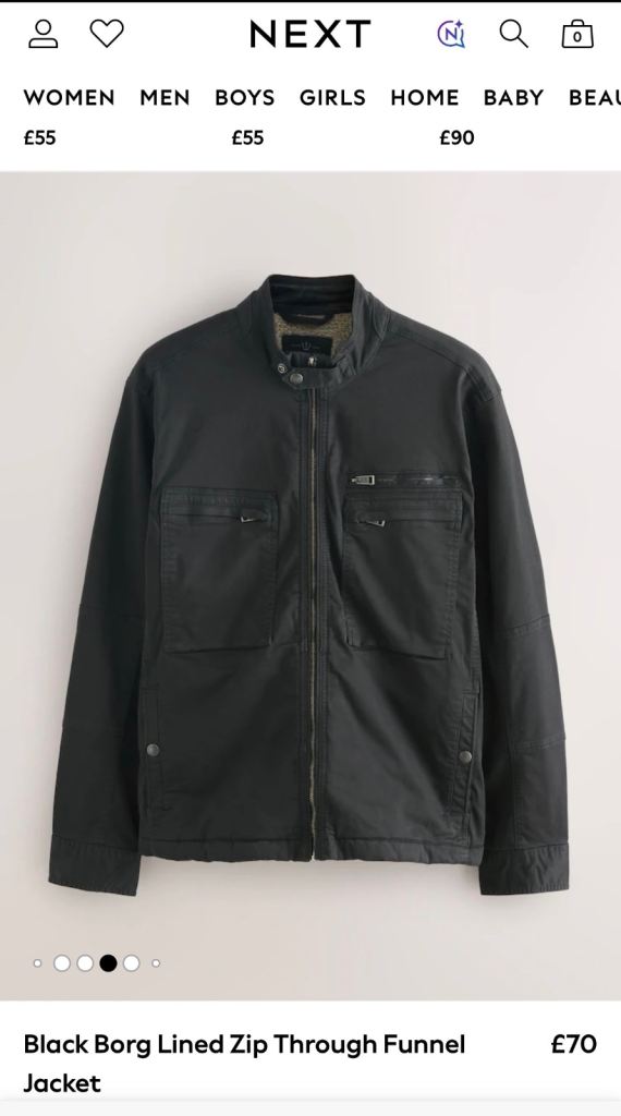NEXT Black Borg Lined Zip Through Funnel Jacket