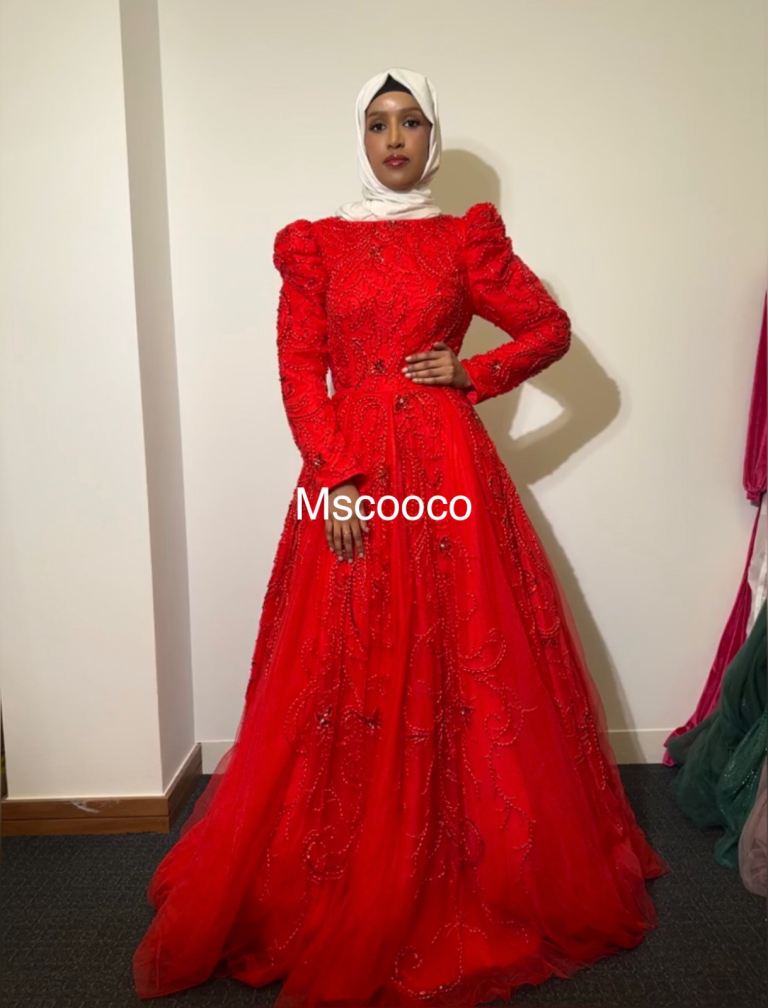 BNWT Red Modest Prom Dress Puff Sleeve Beaded Muslim Formal Hijab Friendly