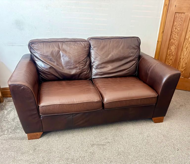 Brown Leather 2-Seater Sofa from M&S – Good Condition