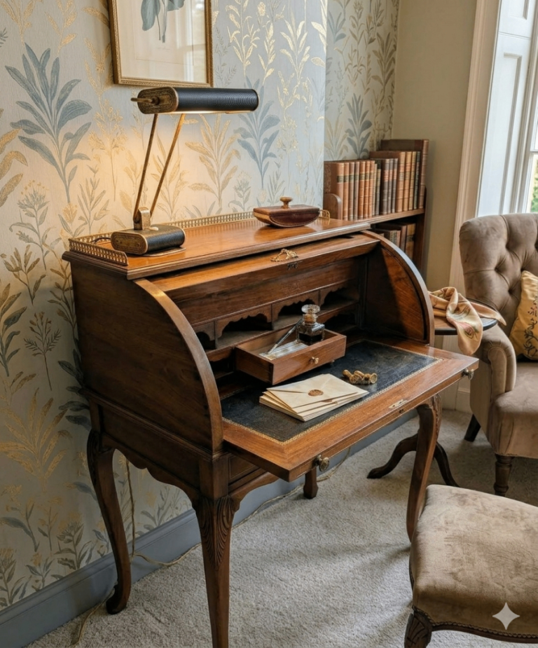 An antique mahogany cylinder top bureau 