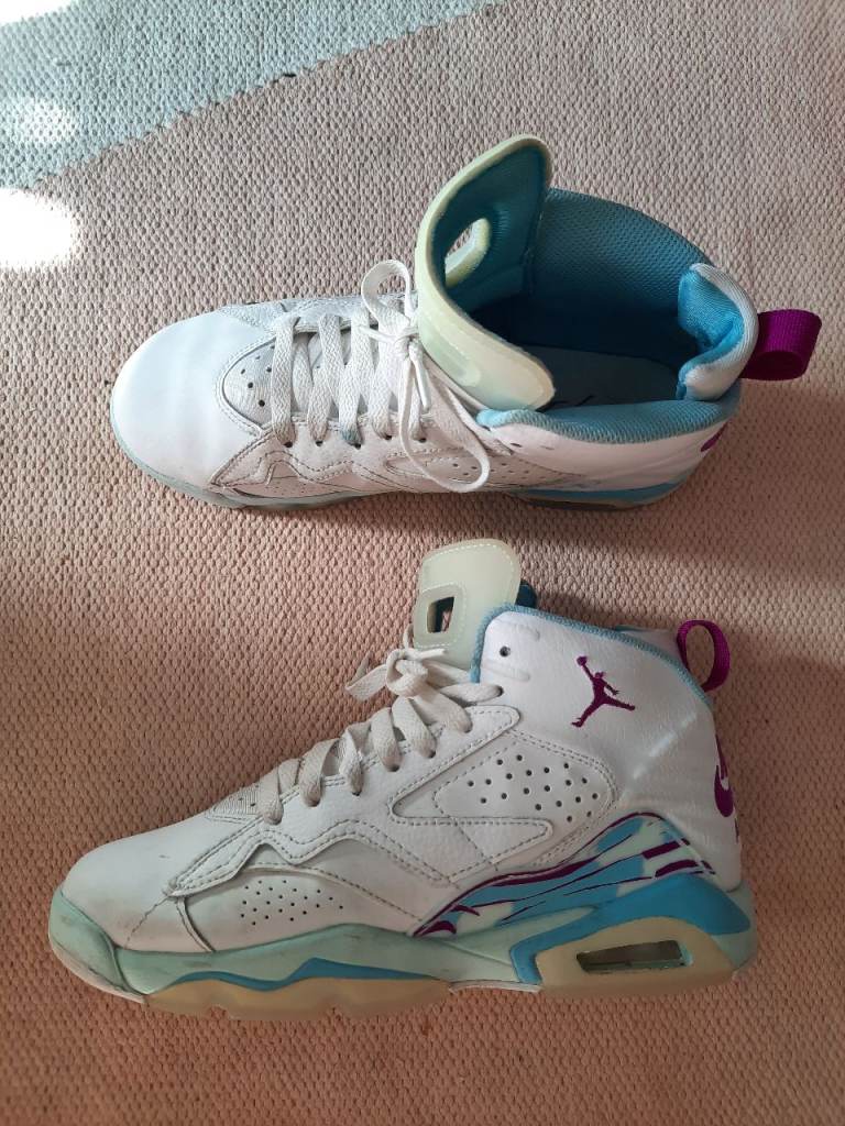 Nike Air Jordan 23, white high tops with purple, pastel blue and pastel green details. UK size 4.5