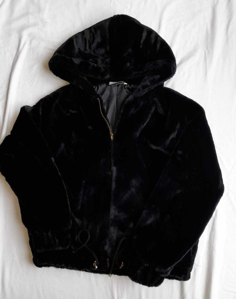Very fluffy size 10 black faux fur hooded jacket, as new