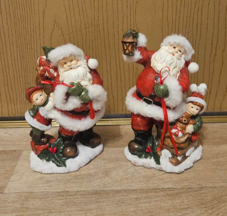 Santa Clause Ornament Father Christmas Figure Xmas Decoration Ceramic Pair x 2