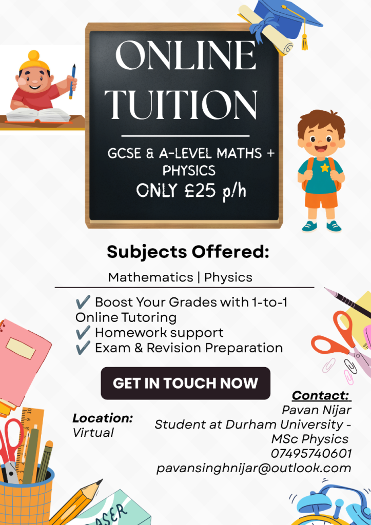 1 on 1 GCSE A level Maths and Physics tutoring 25 pound per hour