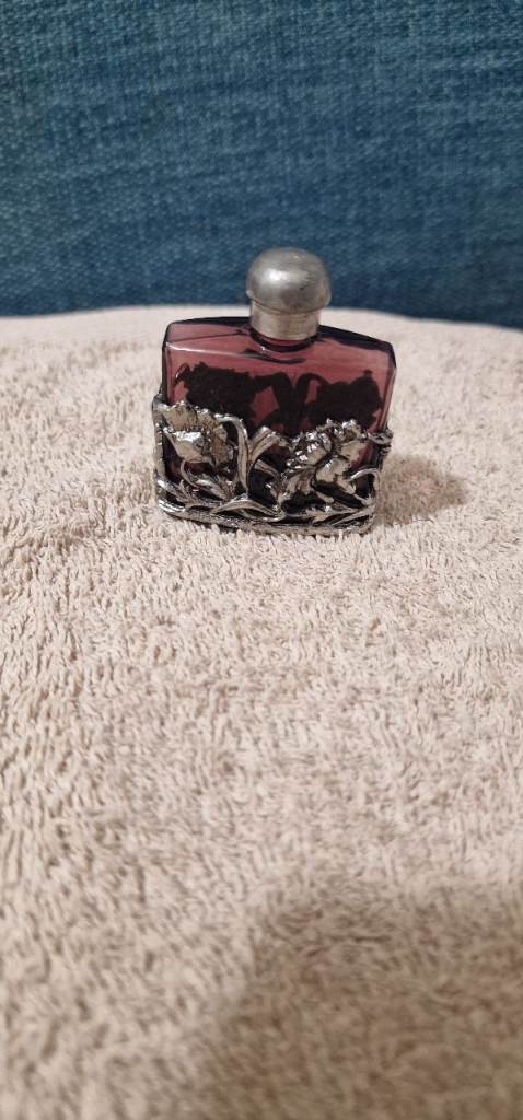 Vintage Art Nouveau Burgundy Art Glass Perfume/Snuff Bottle - Pewter Decoration 