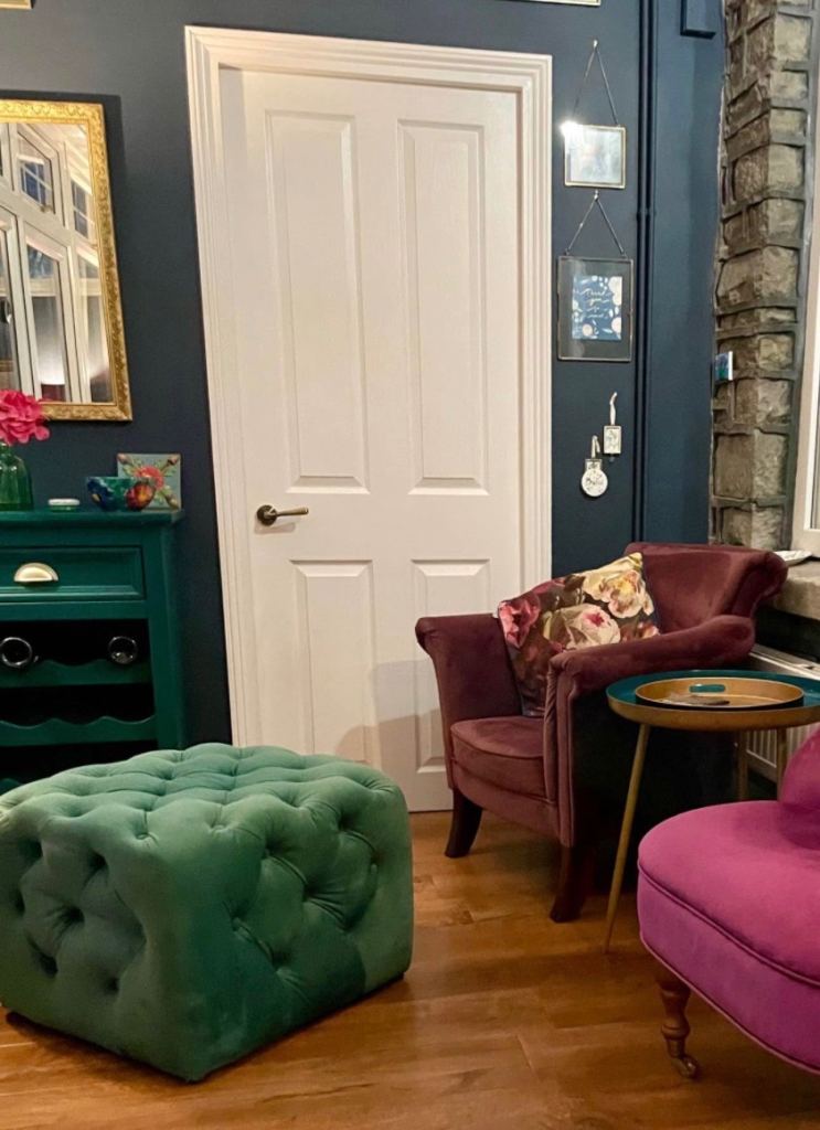 Plum Velvet Armchair and Green Velvet Footstall