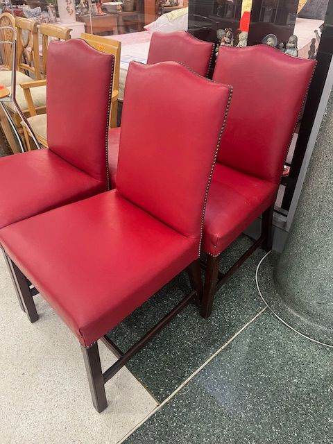 FOUR VINTAGE HORSE HAIR STUDDED DINING CHAIRS NEED TLC 