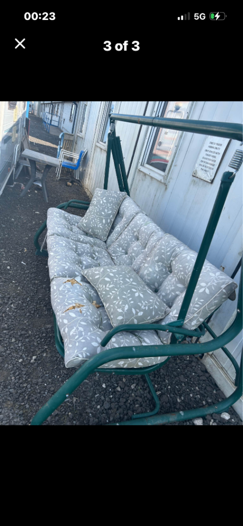 Green Metal Garden Swing Seat with Cushions – Fair Condition