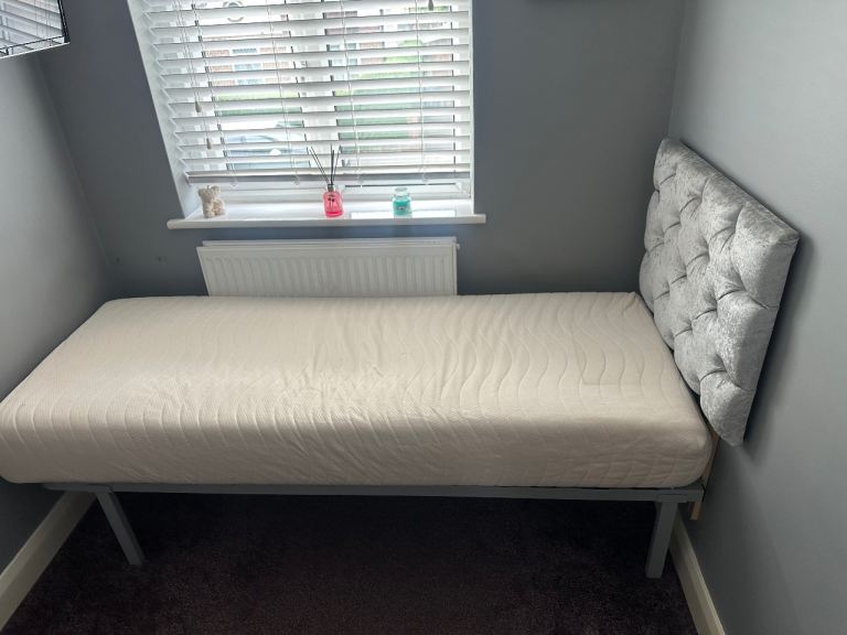Single Bed with Silver Velvet Headboard and Mattress