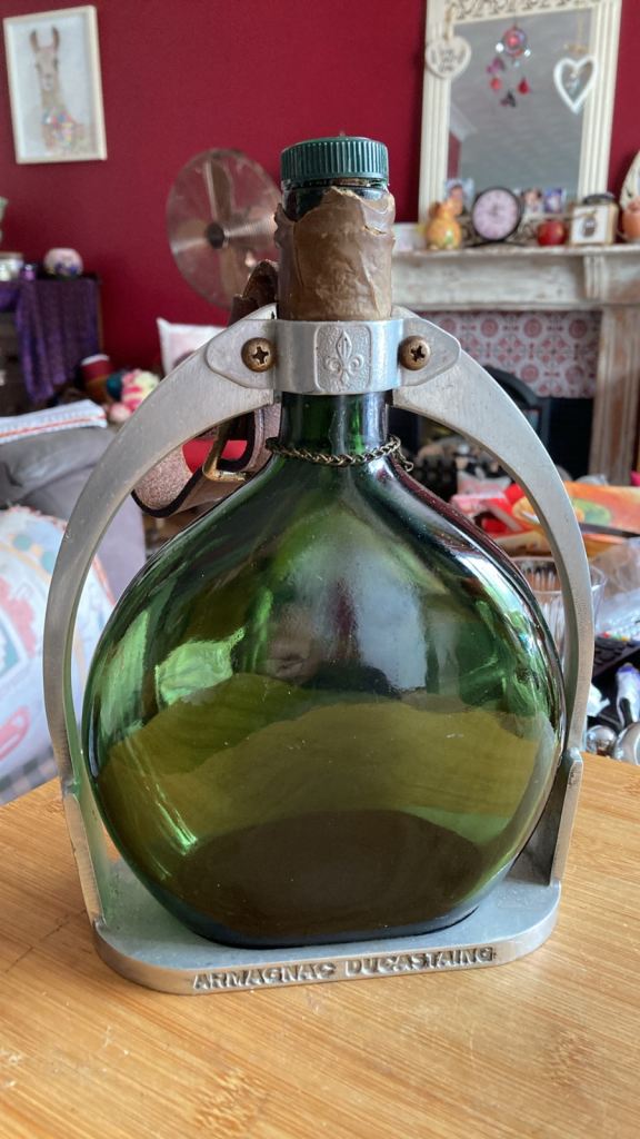 Vintage ARMAGNAC Ducasting Liquor Bottle On Metal Stirrup Leather Strap Made In France