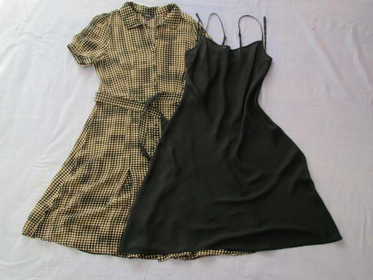 Classic, button up, brown spot, silk dress with matching fabric belt 63” (161cm) by Liena