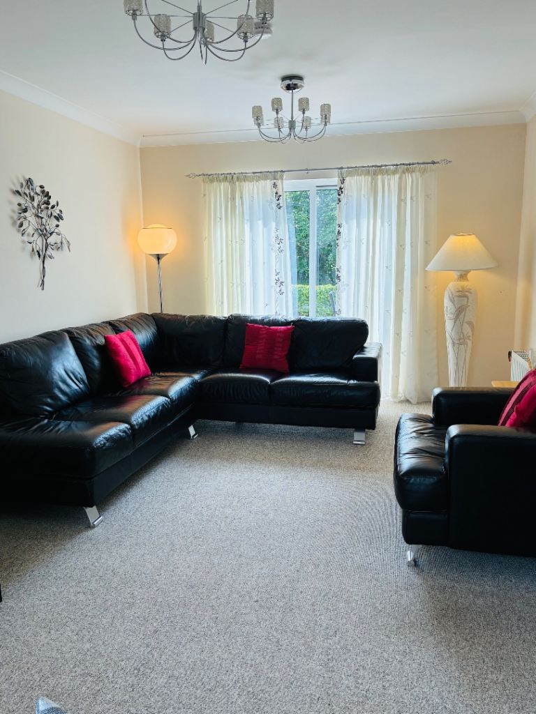 Black Leather Corner Sofa & Matching Armchair – Good Condition