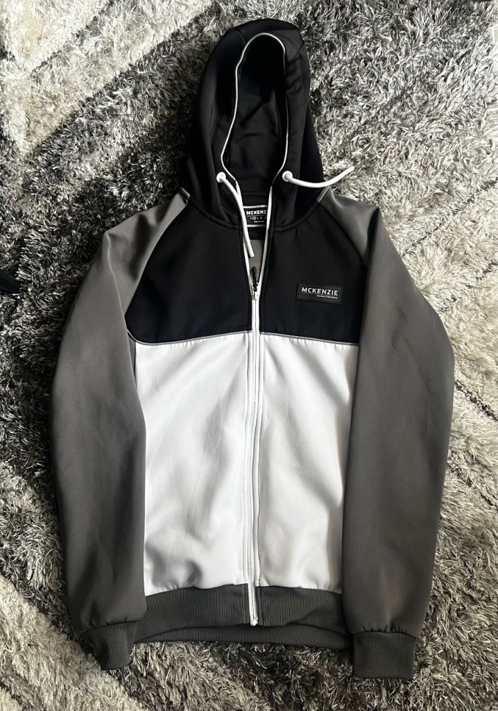 MCKENZIE Men's Full-Zip Hoodie – Black, White & Grey, Size M