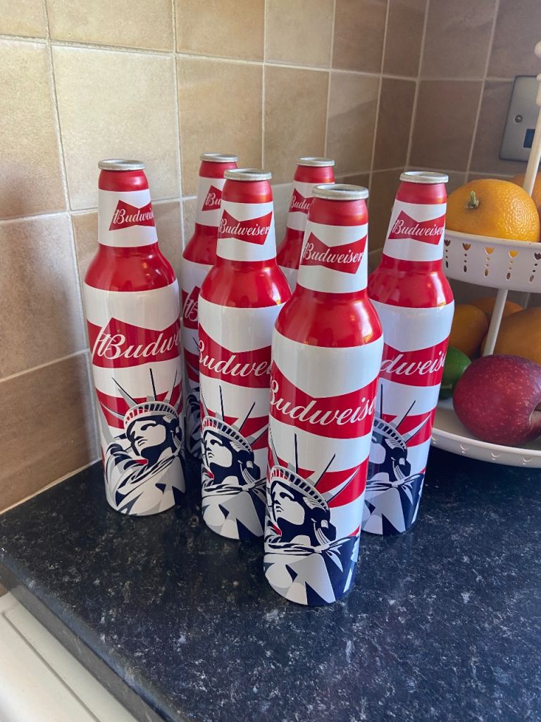 6 Decorative Budweiser Aluminium Bottles - (Featuring The Statue Of Liberty & Dated 2015) 