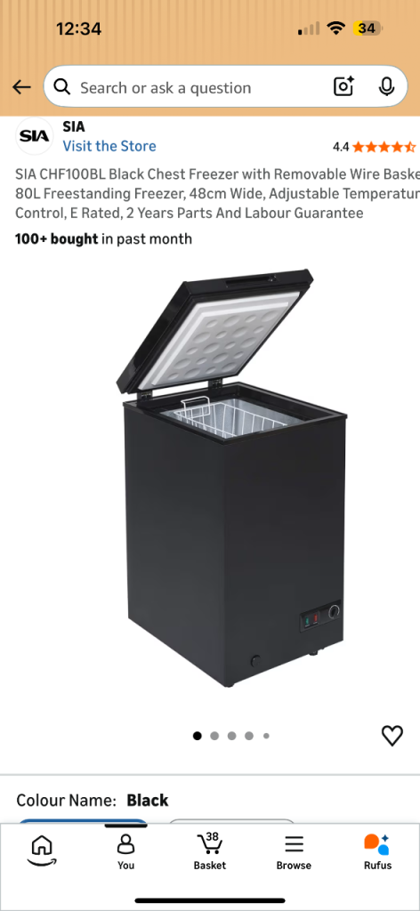 SIA CHF100BL Black Chest Freezer with Removable Wire Basket, 80L Freestanding Freezer, 48cm Wide,