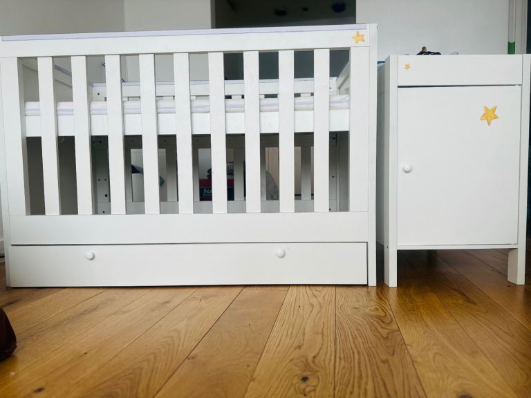 White Baby Cot Bed & Changing Unit with Star Details