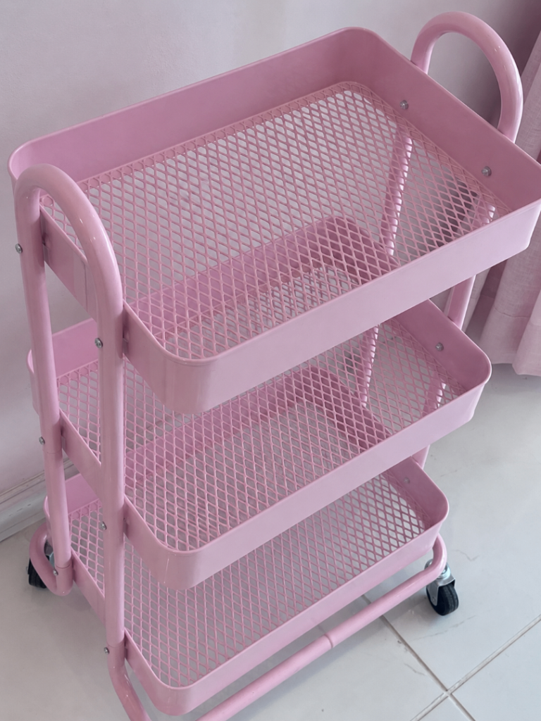 Pink Metal 3-Tier Storage Trolley on Wheels