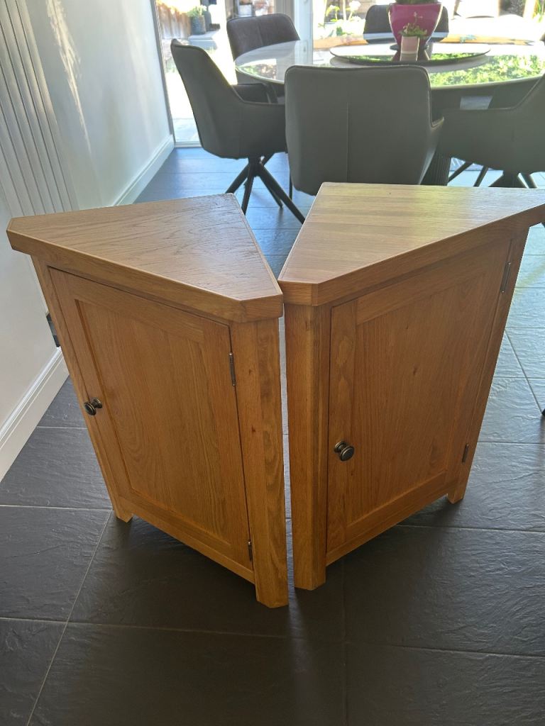 Pair of Oak Wooden Corner Cabinets with Shelves