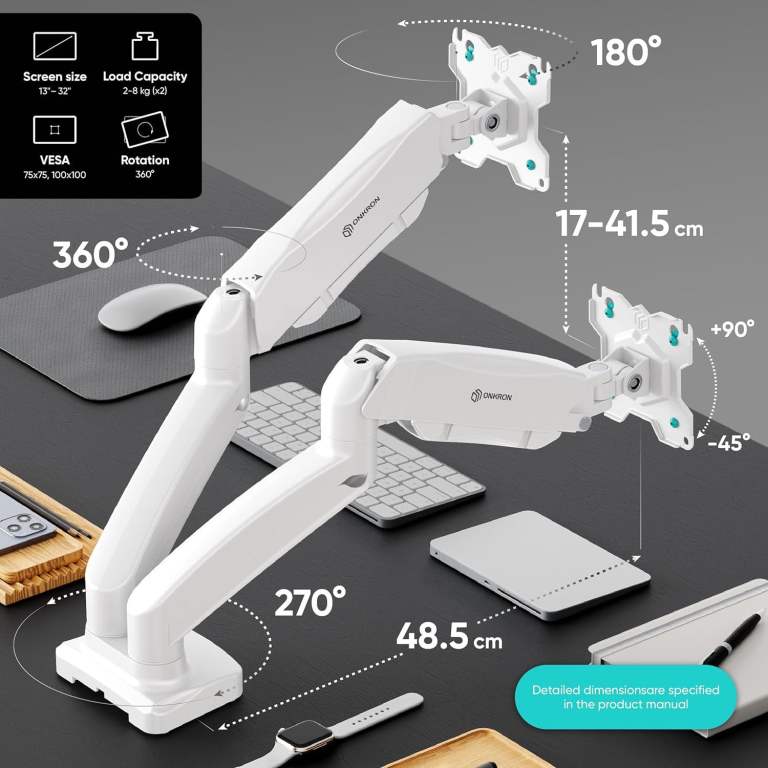 ONKRON G160-W. Double Monitor Arm Desk Mount, Gas Spring. Excellent condition, barely used