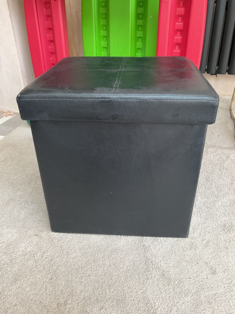 Black Storage Faux Leather Cube Ottoman  