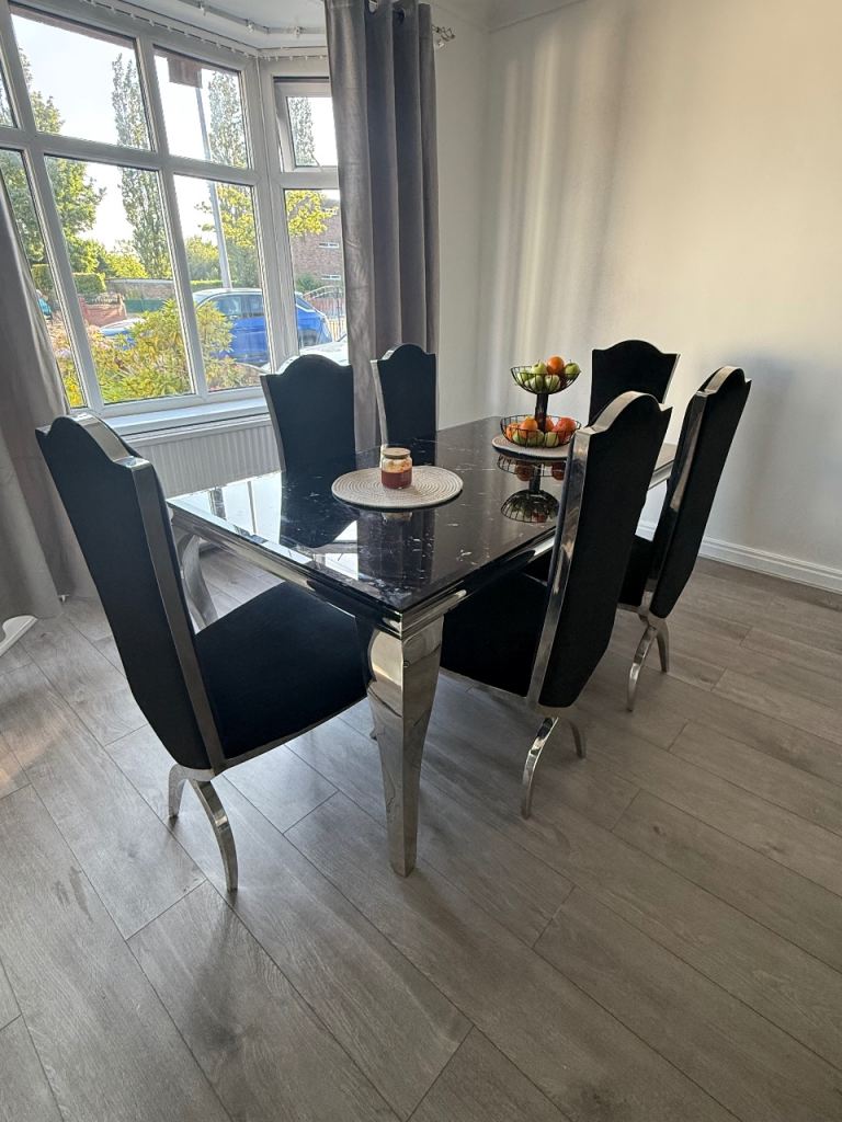 SOLD. marble effect dining table with 6 chairs