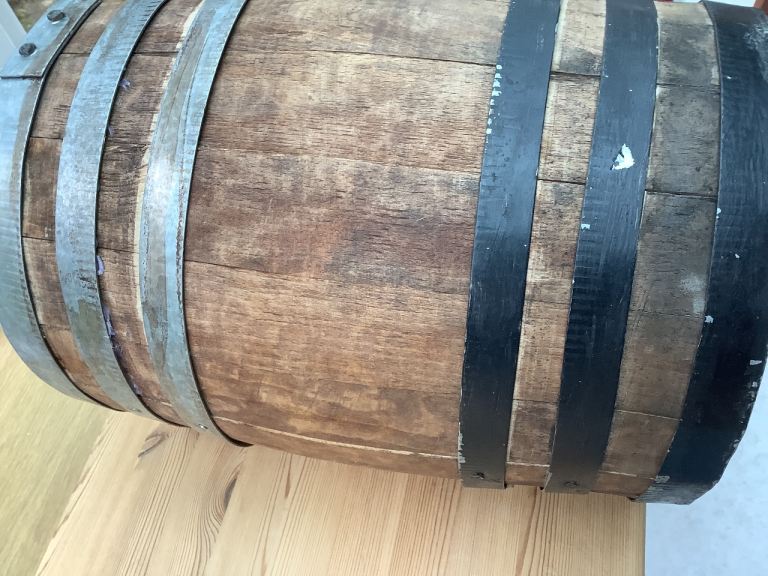 OAK BARREL WITH BRASS TAP. - METAL BANDED, £20.00 for Sale