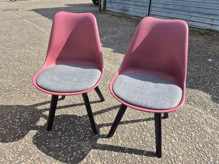 Pair of maroon Plastic Dining Chairs with Grey Cushions
