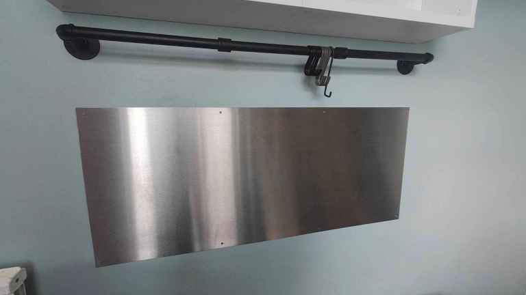 Stainless steel kitchen splashback + cast iron hanging rail & hooks
