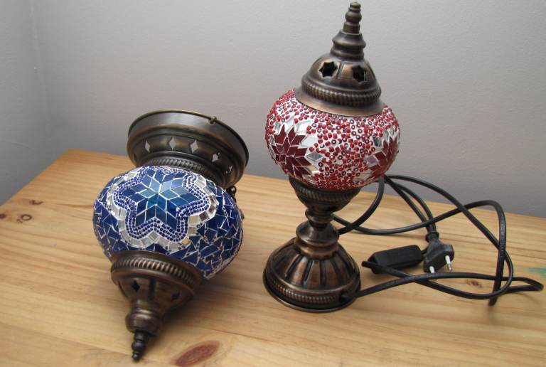 Turkish Moroccan red table desk lamp & blue hanging tealight lantern - fully working, EU plug