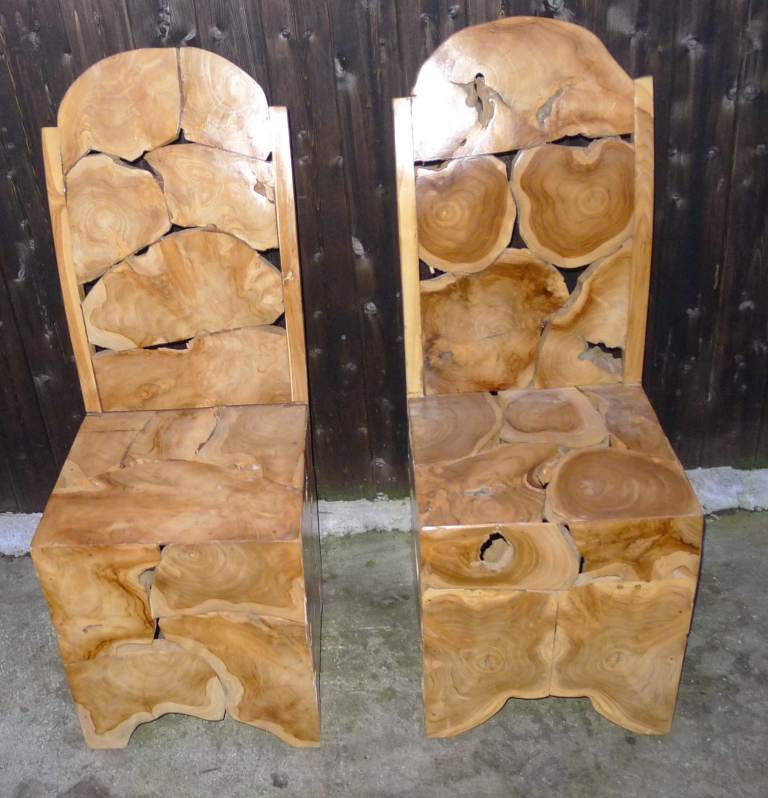 2 handmade Indonesia cut root sliced slice wood chairs wooden bali