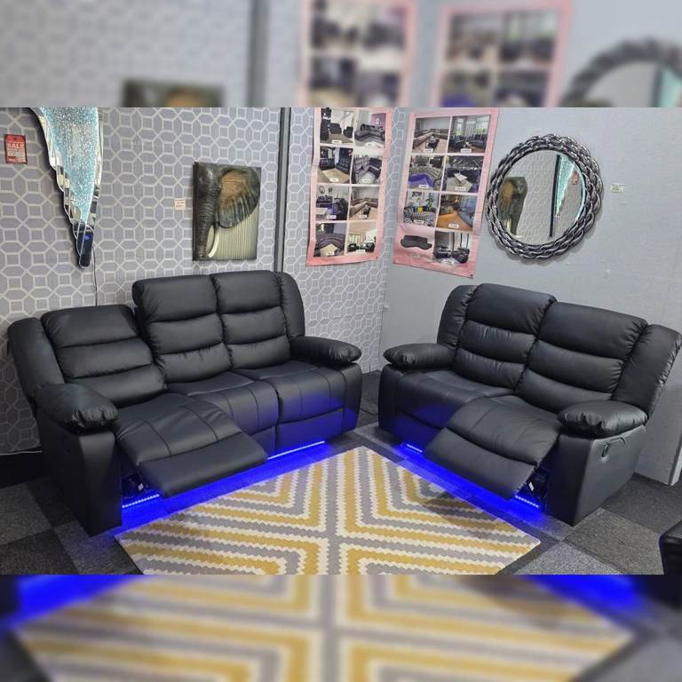 Black Roma Leather Electric Recliner Sofa 3+2 Seater – USB Ports, LED Lights & Cup Holders 