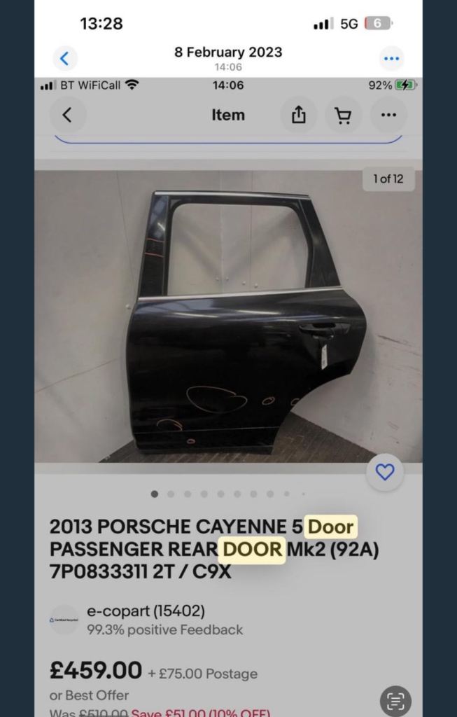 Porche cayenne  rear passenger side 