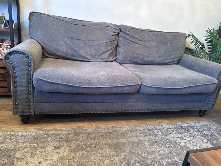 Grey Two-Seater (3) Sofa with Stud Detail – Good Condition