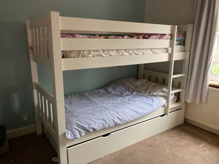 White Wooden Bunk Beds with Storage Drawer – Good Condition