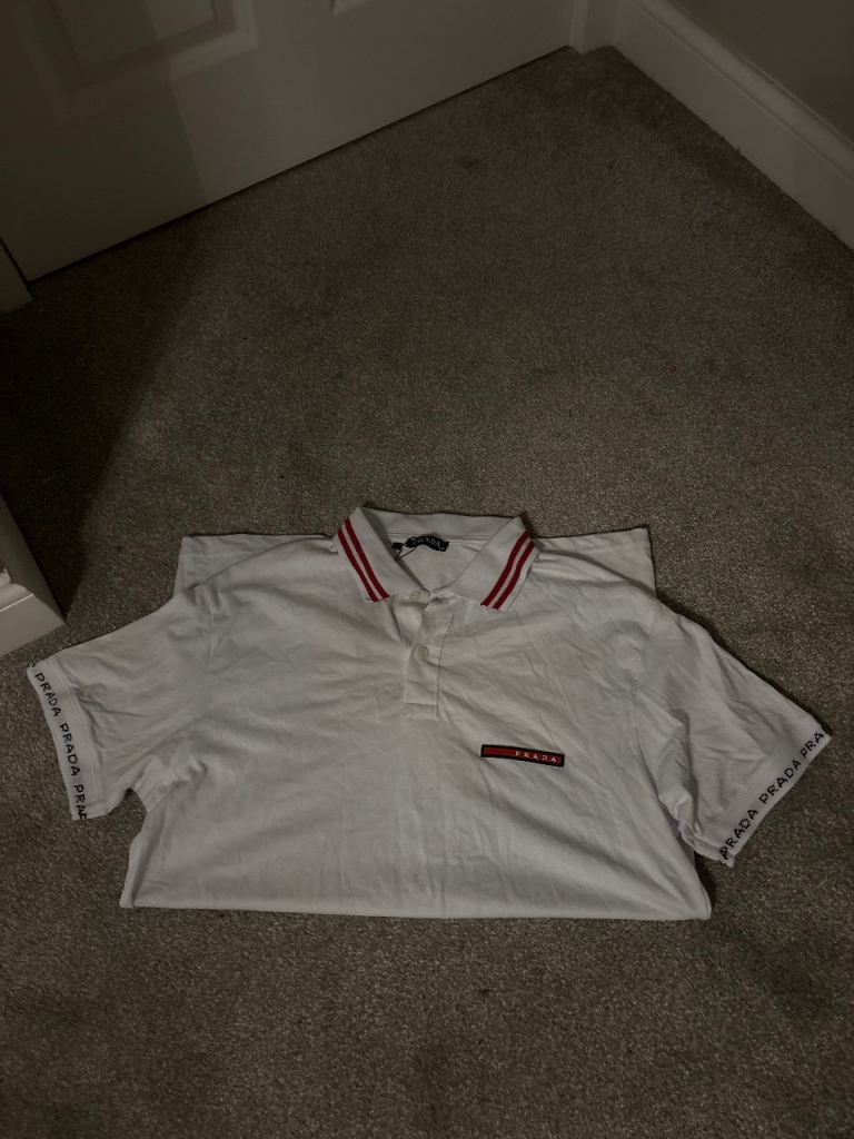Prada White Polo Shirt with Red Stripes – Good Condition