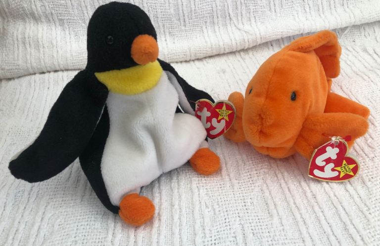 Ty Beanie Babies Waddle Penguin & Goldie Fish - As Good As New