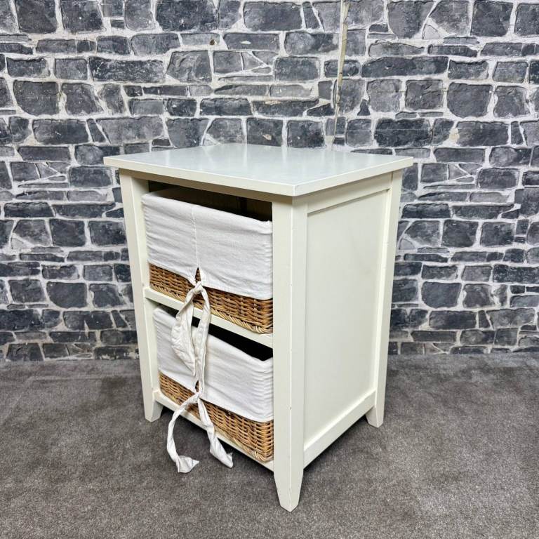 White Storage Unit with 2 Wicker Baskets