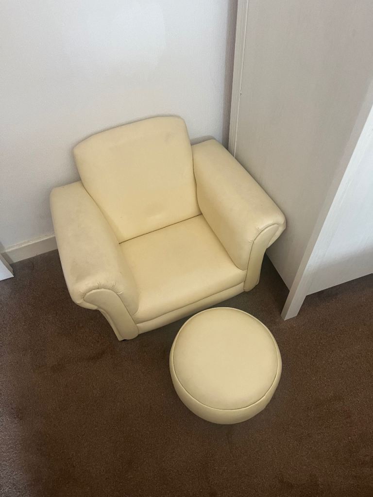 Cream Children's Armchair and Footstool – Good Condition