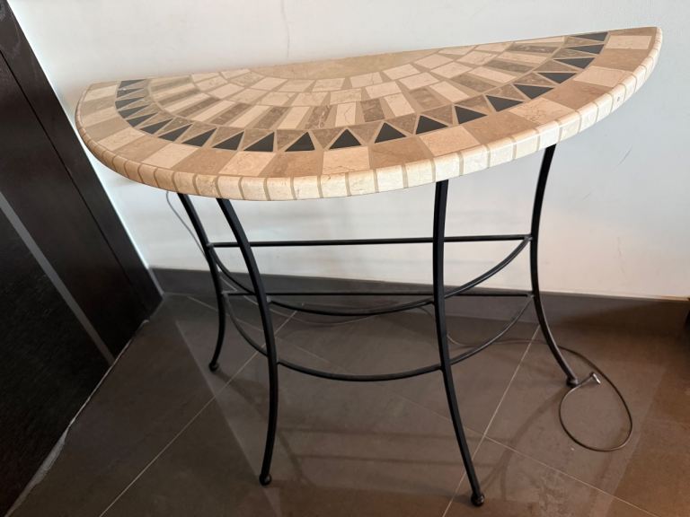 Half Moon Console Table with Mosaic Top – Good Condition